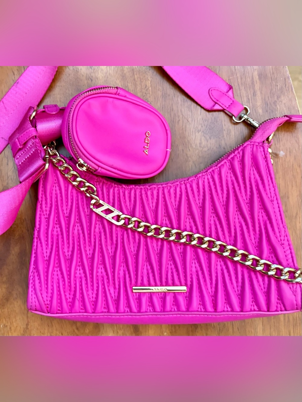 ALDO Pink Hot Pink Quilted Shoulder Bag with Gold Chain and Coin Pouch